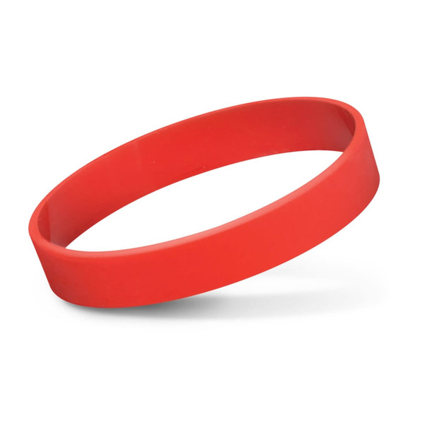 A red silicone wristband with a smooth surface and a debossed design. It features a logo.