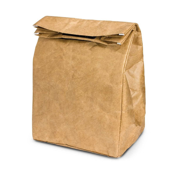 A kraft paper cooler lunch bag with a fold-over top. The bag has a simple, uncoated texture and a neutral brown color.
