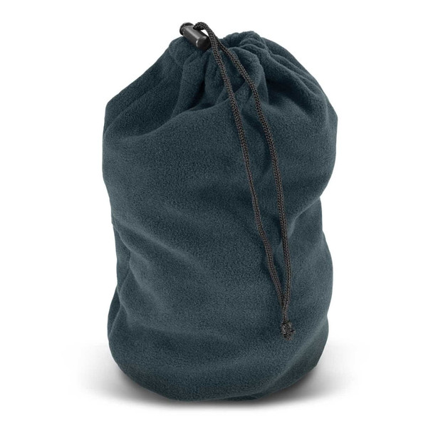 A dark green polar fleece drawstring bag with a cinched top and adjustable cord. It features a logo.