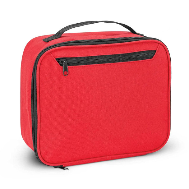 A red lunch cooler bag with a zippered front pocket and a handle on top. The bag has a simple, structured design.