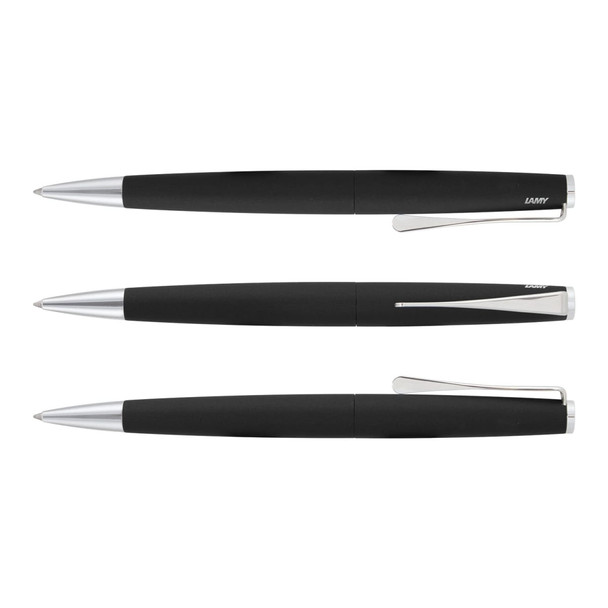 A set of three Lamy Studio metal pens featuring a sleek black design with silver accents.