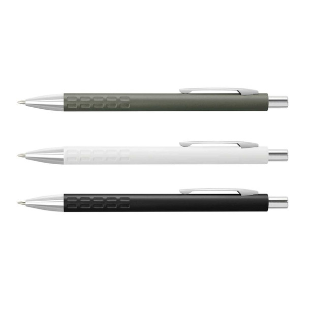 A set of three metal pens in olive green, white, and black, featuring silver accents and a branding logo.