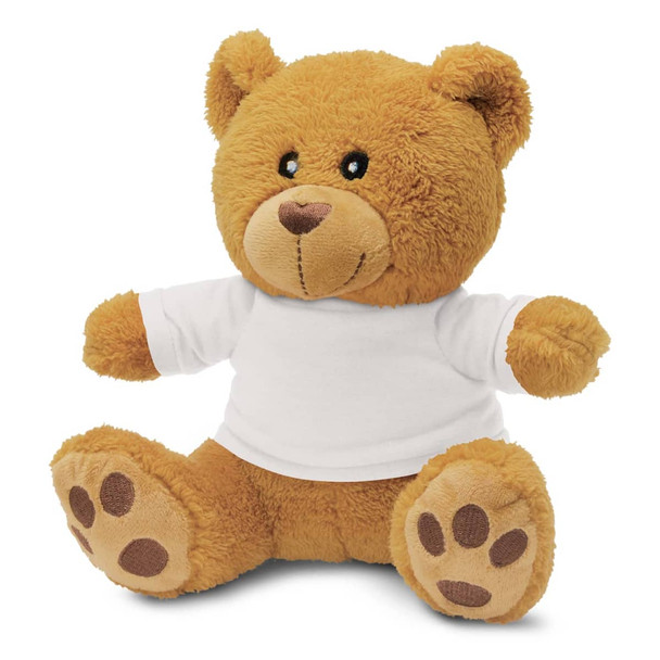 A plush teddy bear in a light brown colour, wearing a plain white t-shirt, with soft features and paw prints. A plush teddy bear in a light brown colour, wearing a plain white t-shirt, with soft features and paw prints.
