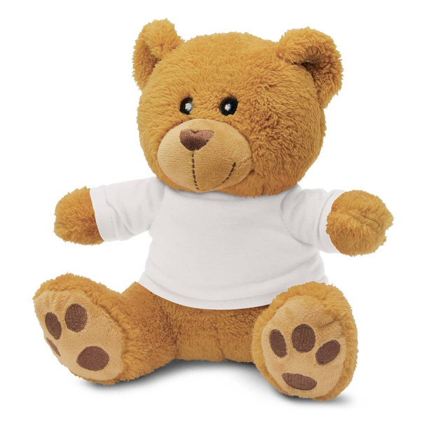 A fluffy brown teddy bear plush toy with a soft texture and a blank white shirt. Features cute, round paws and a friendly expression.