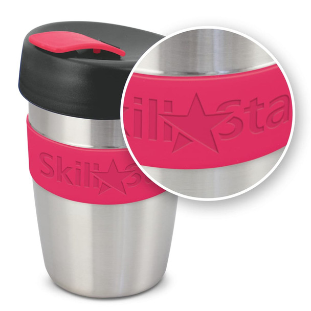 A drink bottle featuring a stainless steel body, pink silicone band, and a black lid. It also includes a logo.