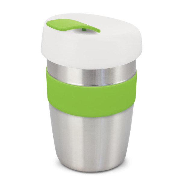 A drink bottle featuring a stainless steel body, white lid, and a green silicone band. It includes a logo.