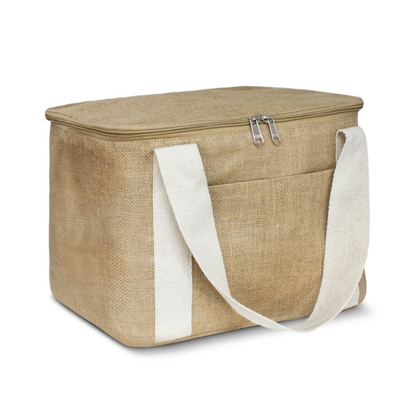 A beige cooler bag with a zip closure and white carrying straps, featuring a front pocket and logo. A beige cooler bag with a zip closure and white carrying straps, featuring a front pocket and logo.