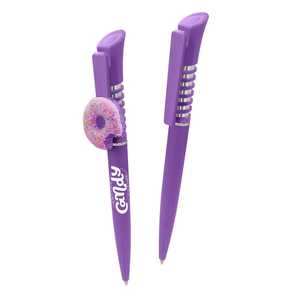 A purple plastic pen featuring a decorative donut charm and a branding logo.