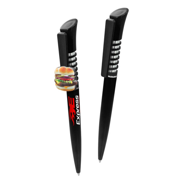 A set of plastic pens named Infinity Pen, featuring a sleek black design with a unique clip resembling a burger.