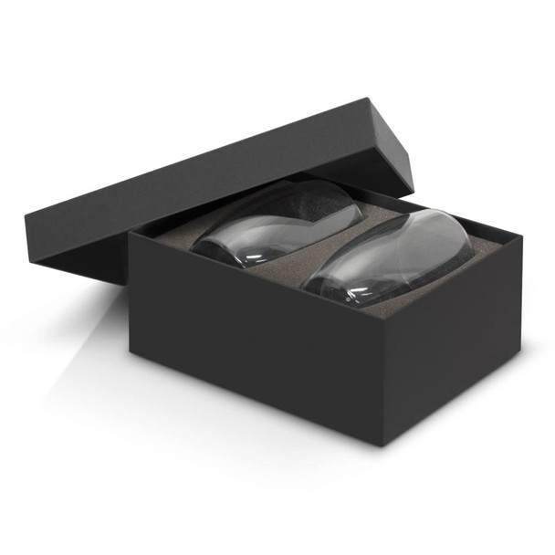 A set of two double wall glass tumblers in a black gift box with foam padding. Each glass appears clear and elegant.