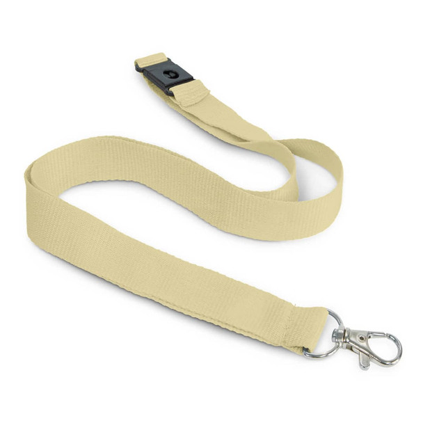 A cotton lanyard in a soft beige colour, featuring a clip and adjustable buckle. It has a simple branding logo. A cotton lanyard in a soft beige colour, featuring a clip and adjustable buckle. It has a simple branding logo.