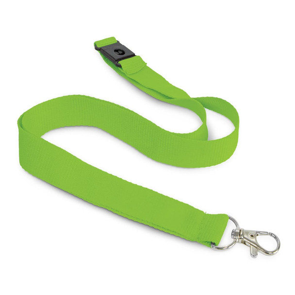 A bright green cotton lanyard featuring a clip and adjustable component. It has a logo on the strap. A bright green cotton lanyard featuring a clip and adjustable component. It has a logo on the strap.