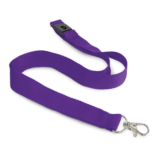 A purple cotton lanyard with a clip and slide buckle, featuring a branded logo. A purple cotton lanyard with a clip and slide buckle, featuring a branded logo.