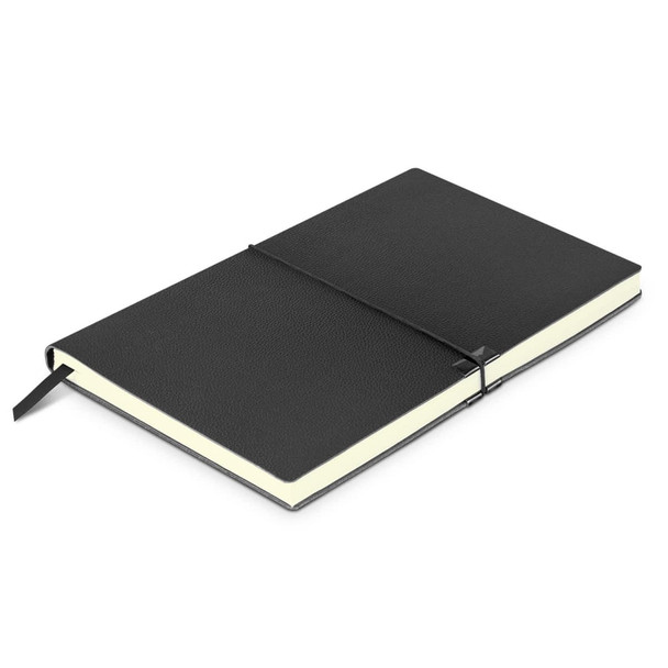 A black Samson Notebook with a textured cover and an elastic band closure, featuring cream-coloured pages.