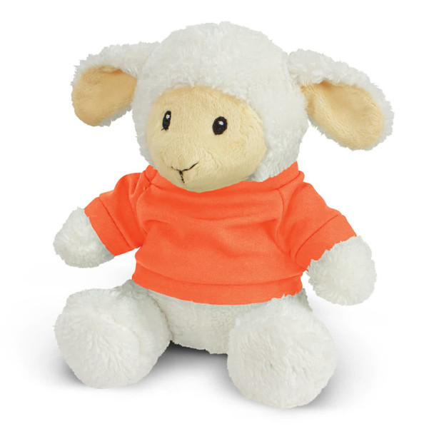 A fluffy white lamb plush toy wearing an orange shirt, featuring soft ears and a friendly expression. A fluffy white lamb plush toy wearing an orange shirt, featuring soft ears and a friendly expression.