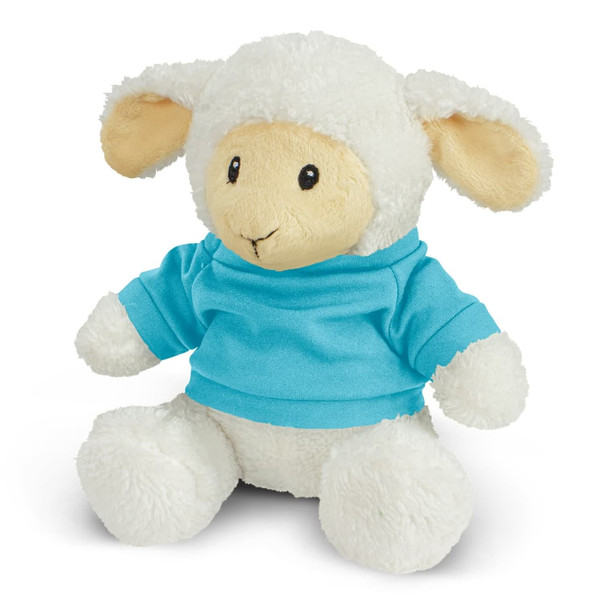 A plush toy lamb with a soft white body and blue jumper, featuring friendly facial details and floppy ears. A plush toy lamb with a soft white body and blue jumper, featuring friendly facial details and floppy ears.