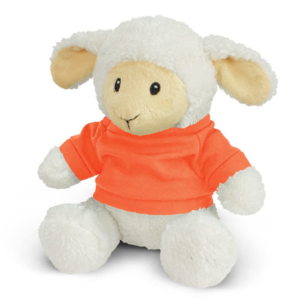 A plush toy lamb with cream fur and oversized ears, wearing an orange shirt. The toy has a soft, cuddly appearance.
