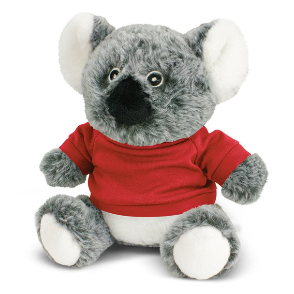 A grey koala plush toy with a black nose, wearing a red shirt, seated with its arms and legs outstretched.