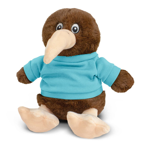 A brown kiwi plush toy wearing a light blue shirt, featuring round eyes and a large beak, with a soft, cuddly texture. A brown kiwi plush toy wearing a light blue shirt, featuring round eyes and a large beak, with a soft, cuddly texture.