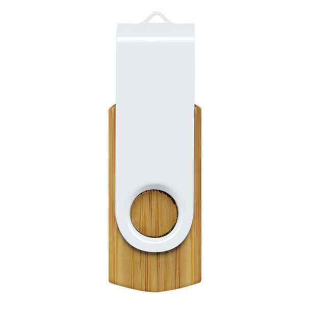 A bamboo flash drive with a white top section, featuring a circular hole for attachment. A bamboo flash drive with a white top section, featuring a circular hole for attachment.