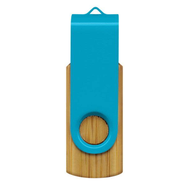 A turquoise and bamboo flash drive with a swivel design and a circular keyring attachment. A turquoise and bamboo flash drive with a swivel design and a circular keyring attachment.