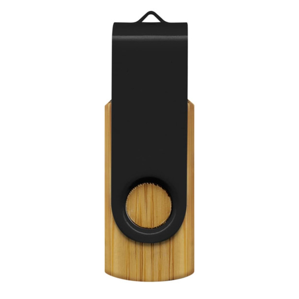 A bamboo flash drive with a black top and a circular loop for attachment. It features a logo on the surface. A bamboo flash drive with a black top and a circular loop for attachment. It features a logo on the surface.