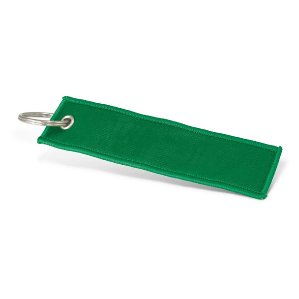 A green woven key ring with a silver ring for attachment. The product has a simple, sleek design.