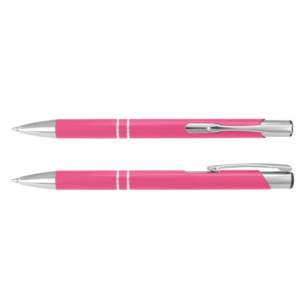 A pink metal pen with silver accents, featuring a sleek design and a clip for easy attachment.