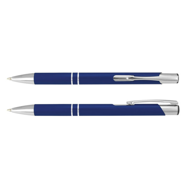 A blue metal pen with silver accents, featuring a logo and a sleek design. Two pens are displayed, one capped and one uncapped.