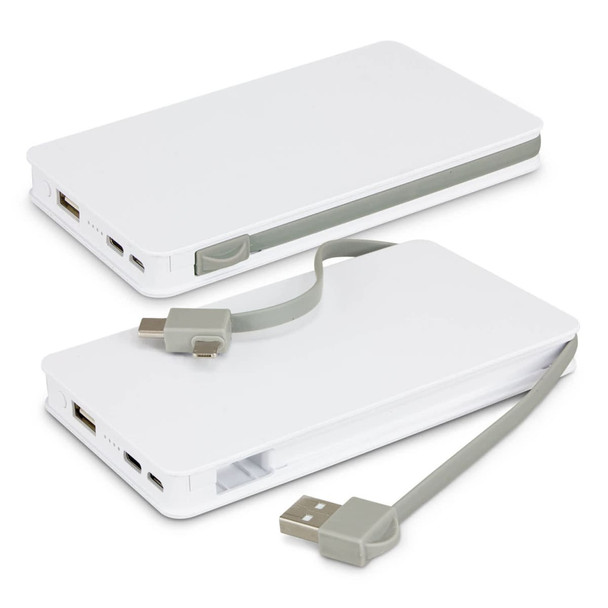 A white wireless charging power bank with a grey cable attached, featuring multiple charging ports and a logo.