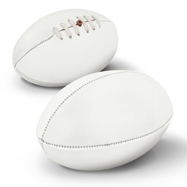 AFL Ball Mini in white, featuring stitching detail and a classic oval shape, with a logo on one side.