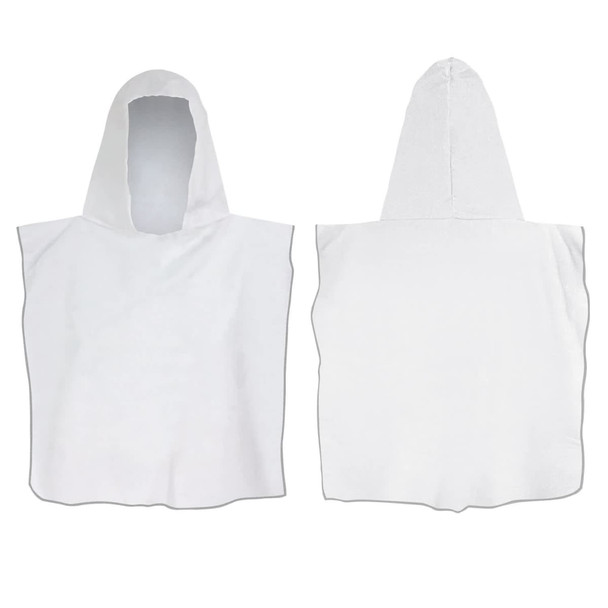 A white hooded towel with a pouch design. Features a hood and a soft texture. Includes branding on the material.