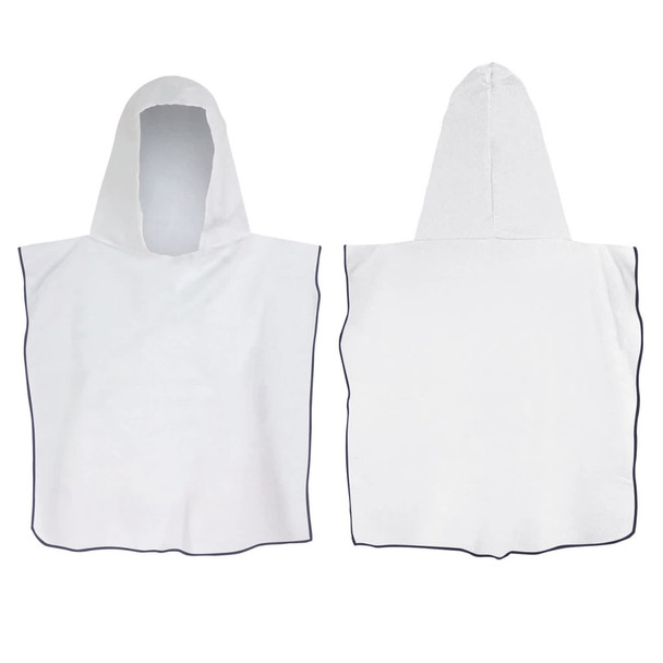 A white kids hooded towel with a textured design and a contrasting navy border, featuring a central hood.