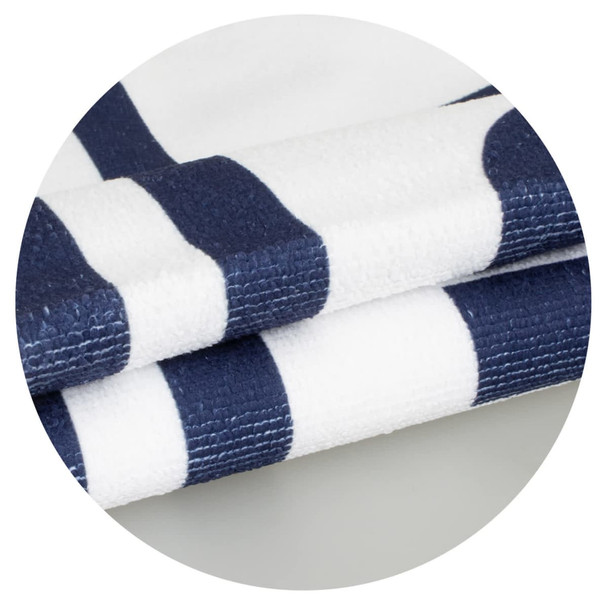 A navy and white striped kids hooded towel featuring a soft texture, folded neatly. Includes a logo.