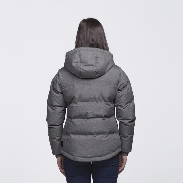 A grey puffer jacket with a hood, featuring a fitted design and visible branding, seen from the back.
