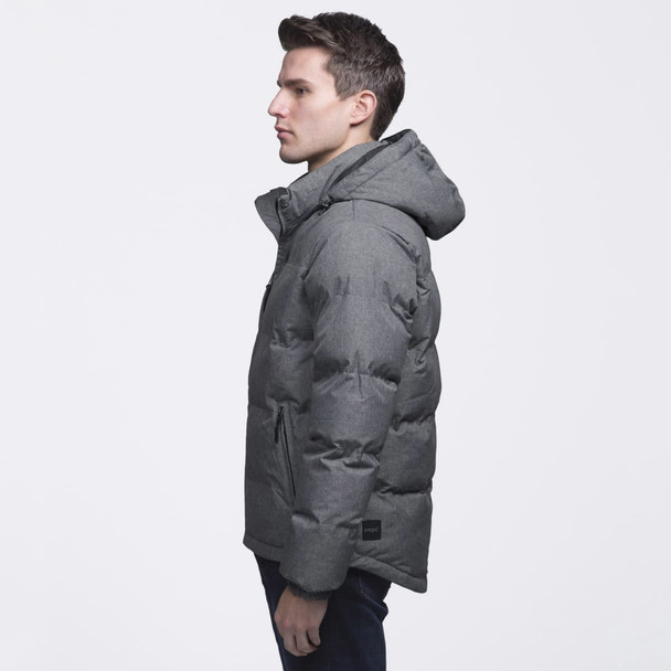 A puffer jacket in grey with a hood, featuring a logo and a side view of a model wearing it. A puffer jacket in grey with a hood, featuring a logo and a side view of a model wearing it.