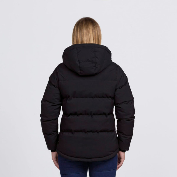 A black puffer jacket with a hood, viewed from the back, featuring a logo on the upper back.