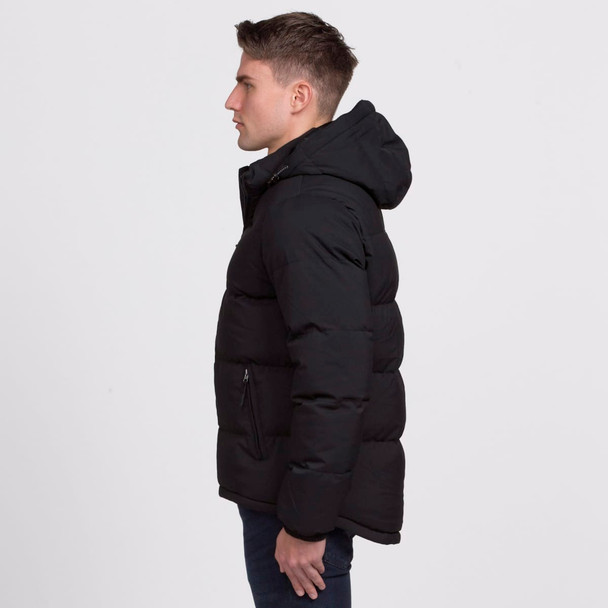A black puffer jacket with a hood, featuring a zippered pocket and a side view of a model wearing it.