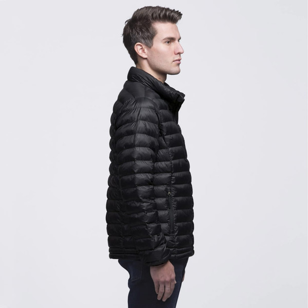 A black puffer jacket with a zip closure and a high collar, featuring a logo. Model displayed in profile.