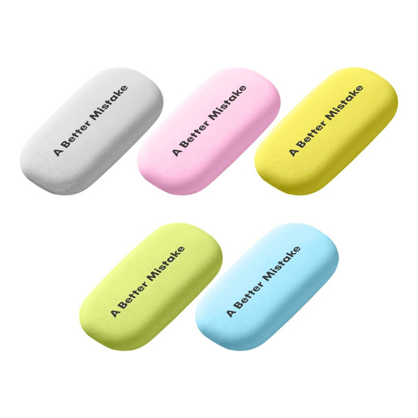 A collection of four rubber erasers in grey, pink, yellow, and blue, featuring a logo on each.