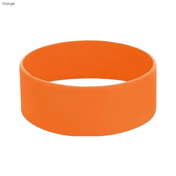 An orange silicone wristband in a smooth, circular design. It features a logo branding.