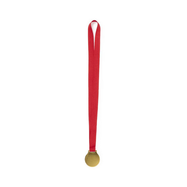 A medal with a gold circular pendant attached to a red ribbon.