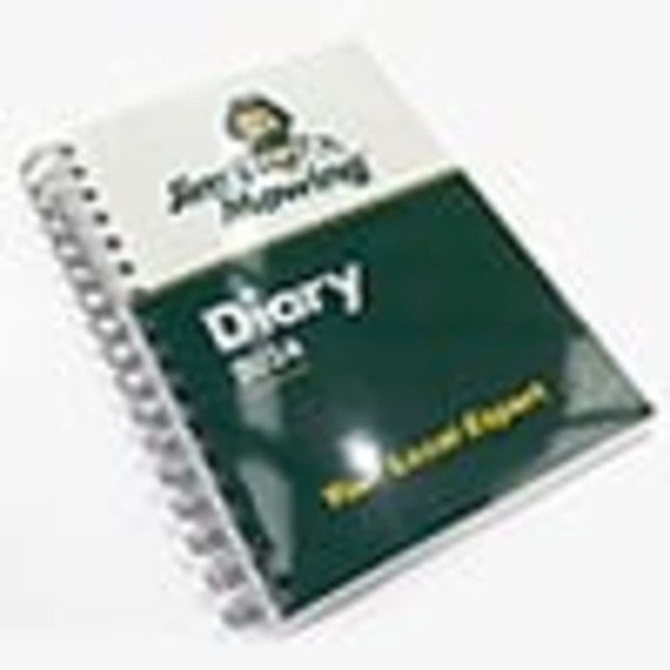 A5 wiro diary with a printed cover in green, featuring 157 leaves and a spiral binding. Includes a logo.