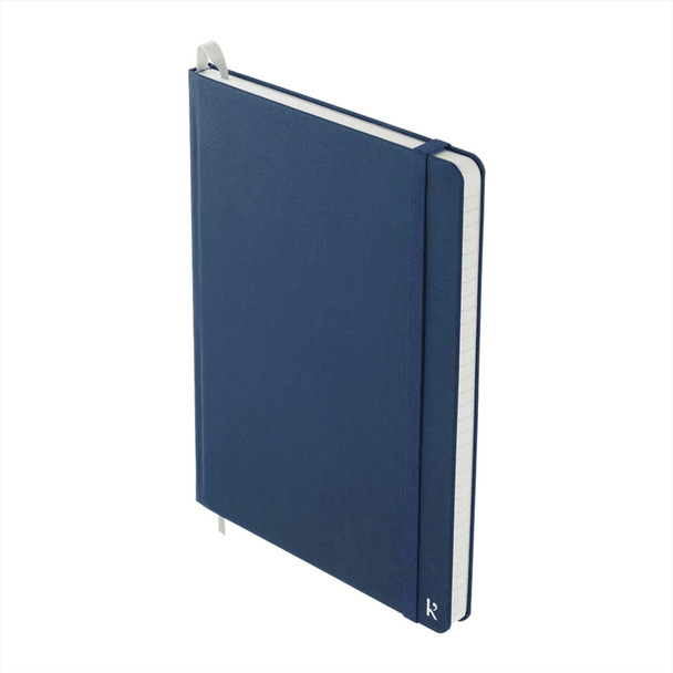 A navy hardcover notebook with a ribbon marker, featuring lined pages and a simple logo on the cover.