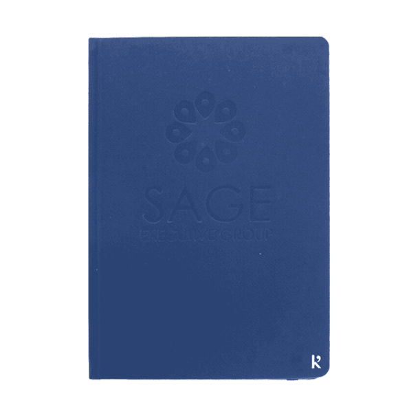 A navy hardcover notebook with a logo on the front, featuring a textured surface.