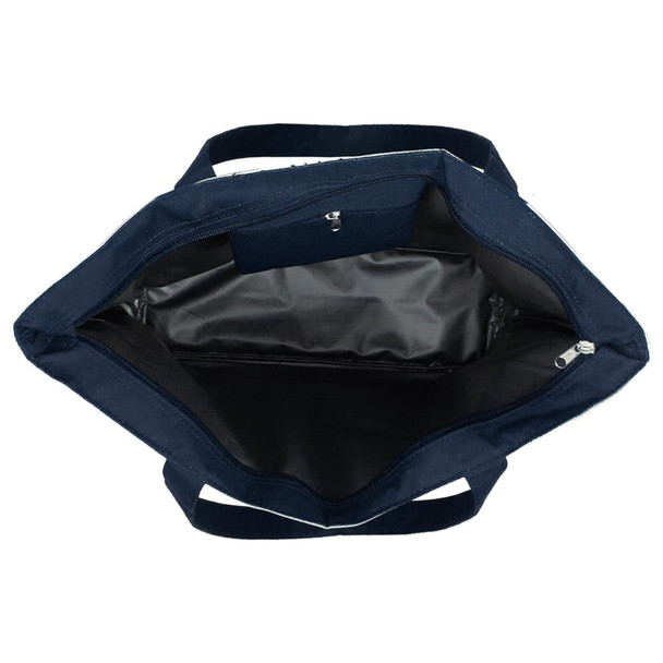 An insulated cooler bag in navy blue with a spacious interior and zippers. Includes an inner pocket and a logo. An insulated cooler bag in navy blue with a spacious interior and zippers. Includes an inner pocket and a logo.