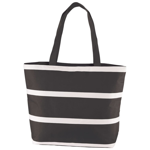 A striped insulated cooler bag in black and white with two sturdy handles. It features a logo on the side. A striped insulated cooler bag in black and white with two sturdy handles. It features a logo on the side.