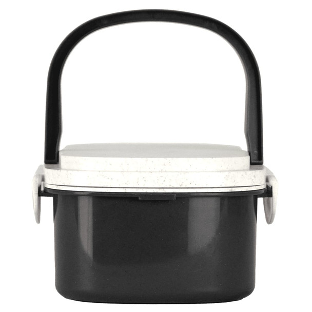 A plastic and wheat straw lunch box in black with a white lid and a black handle. Features a logo.