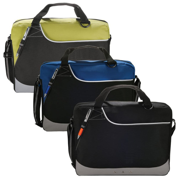A trio of Rubble Brief Bags in black, blue, and green, featuring an adjustable strap and a logo.