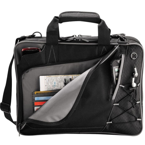 A black laptop bag with multiple compartments, including pockets for a phone and accessories. It features a logo.